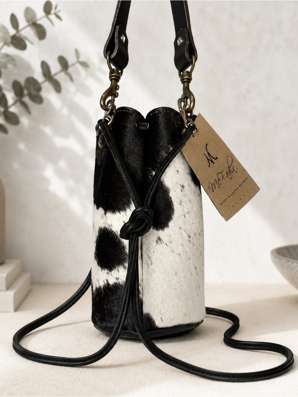 NWT Black White Cowhide Leather Crossbody Bucket Bag
